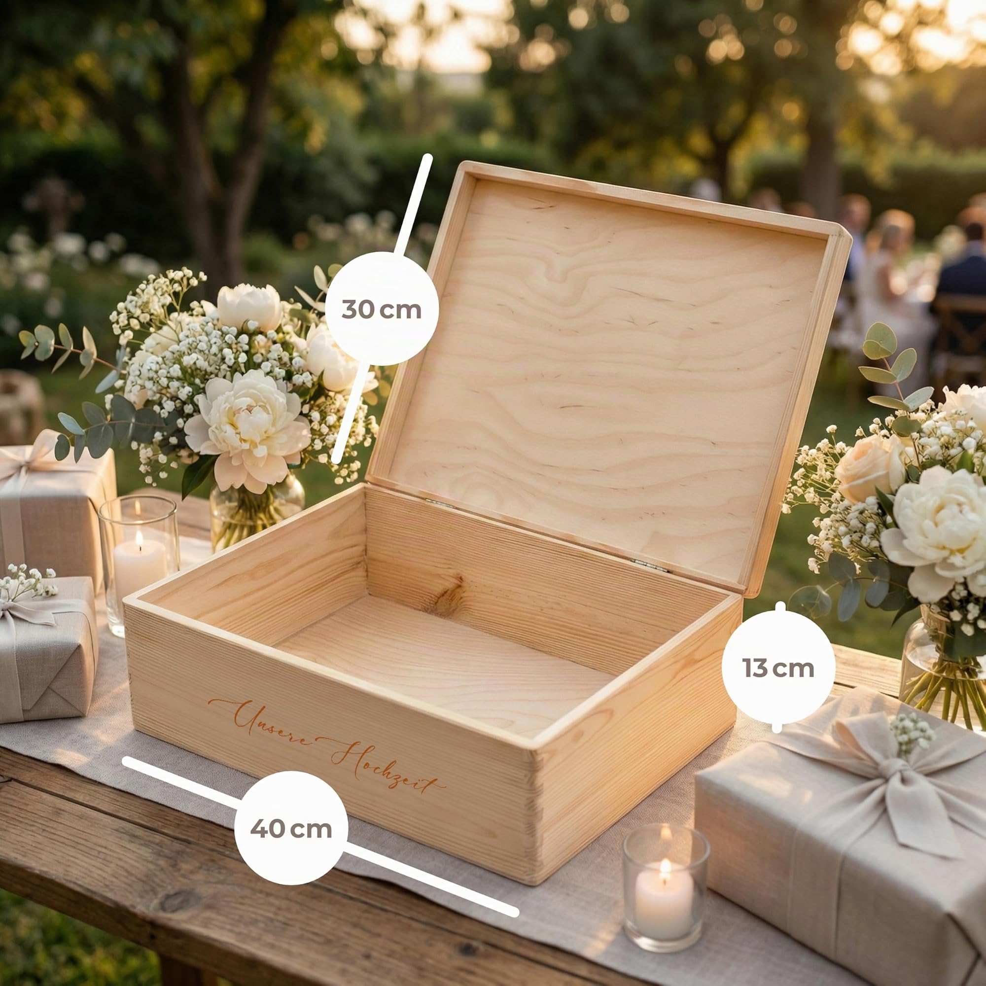 Amari ® Personalisierte Erinnerungsbox aus Holz | Blütenbogen (001.09) | Individuelles Hochzeitsgeschenk Erinnerung Hochzeit Personalisiertes Holzkiste