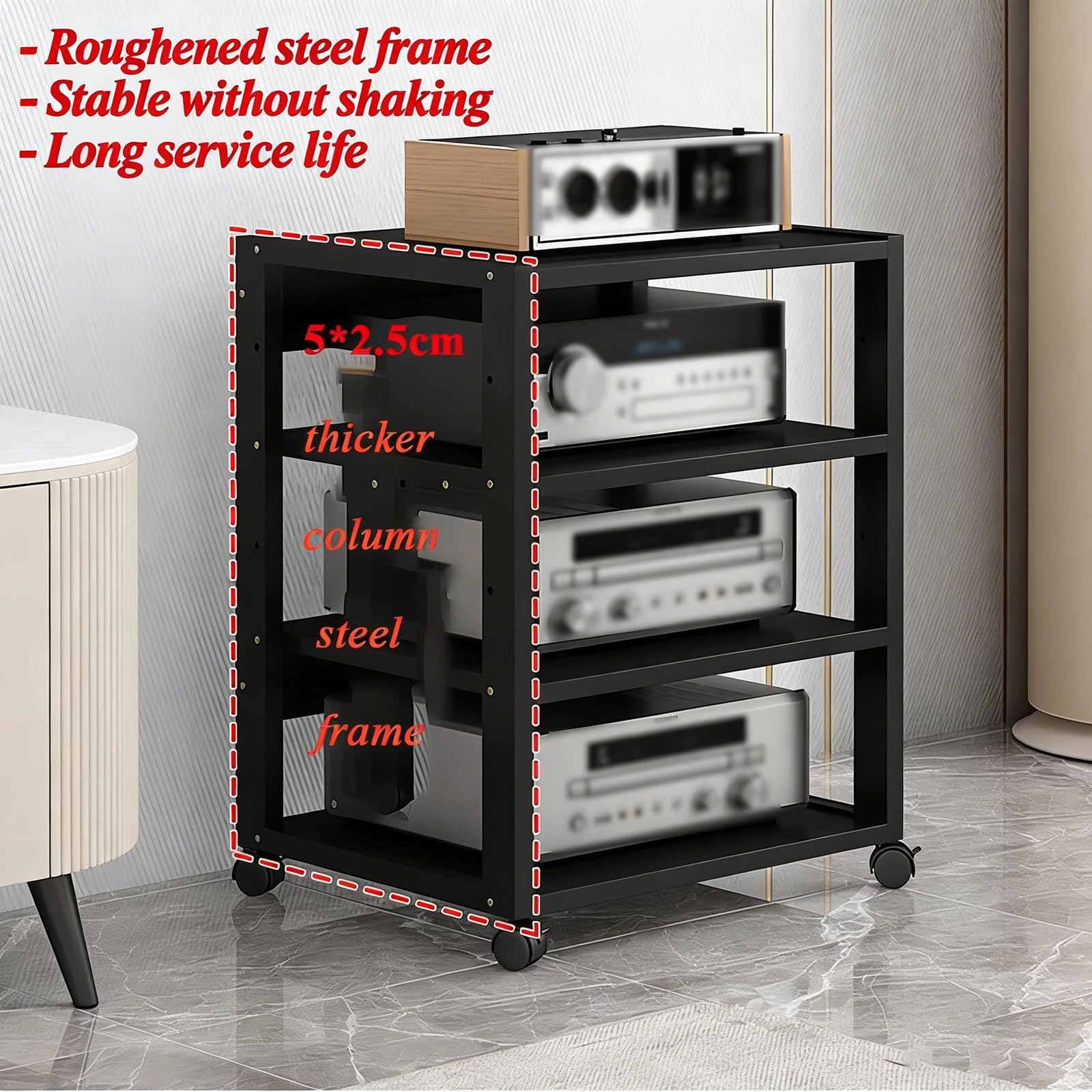 7 Ripiani Mobiletto Hi-Fi Multifunzione A, Av Tower Media Stand Supporto Con Ruote Universali Regolabile Mobiletto Portaoggetti for Casa/ufficio/teatro(Nero)