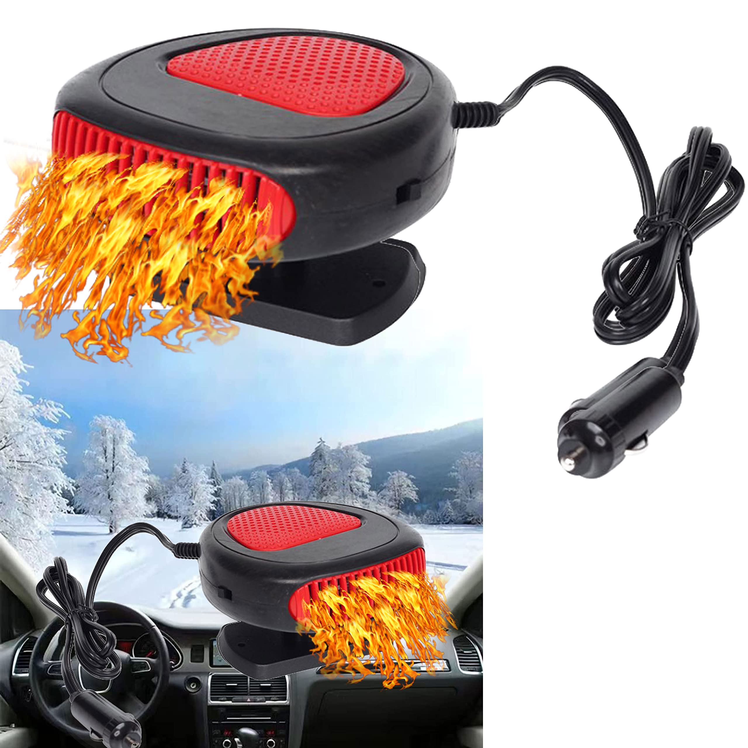 2 in 1 Portable Vehicle Fan, 12V Heater & Fan Combo with Cigarette Lighter Plug Windshield Defogger and Defroster 150w Fast Heating & Cooling 360 Degree Rotary Base
