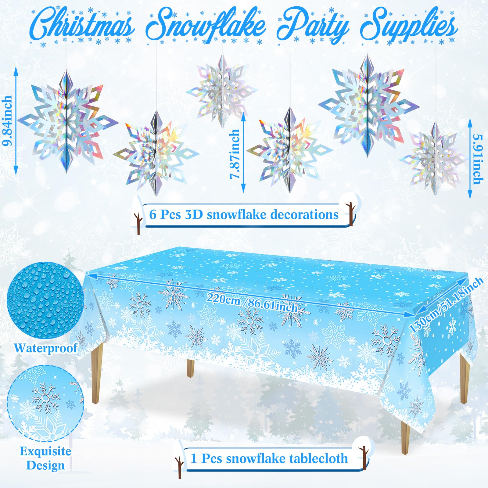 Uiifan 87 Pcs Snowflake Party Supplies for 20 Guests Disposable Winter Tableware Paper Plates Cups Napkins Snowflake Tablecloth and 3D Hanging Snowflakes for Wonderland Party Decorations