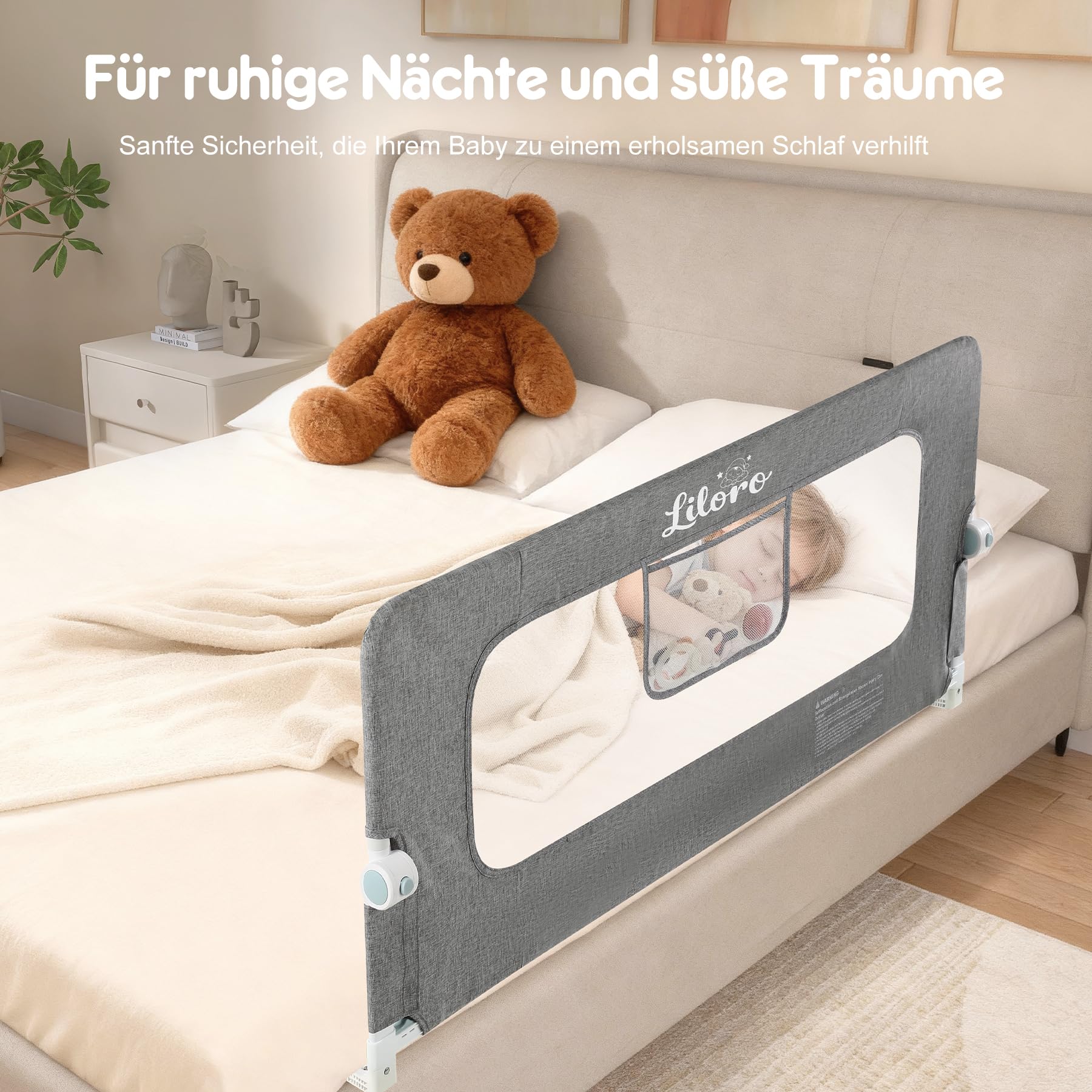 Kinder Rausfallschutz 120 cm, Zusammenklappbar, Stabiler Großrahmen, Anti-Kollisions-Design, einfache Montage – ohne Bohren, Grau