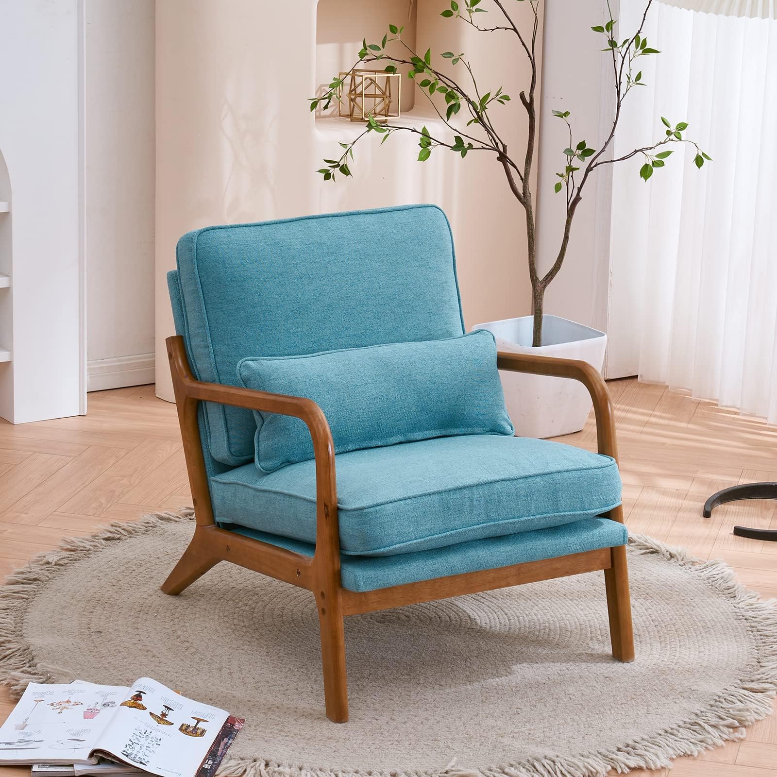 Bonnlo Accent Chair, Soild Wood Padding Lounge Armchairs, Occasional Reading Chair with Cushions and Lumbar Pillow, Armchairs for Living Room, Bedroom, Guest Room Fabric, Elegant Blue โ image 1