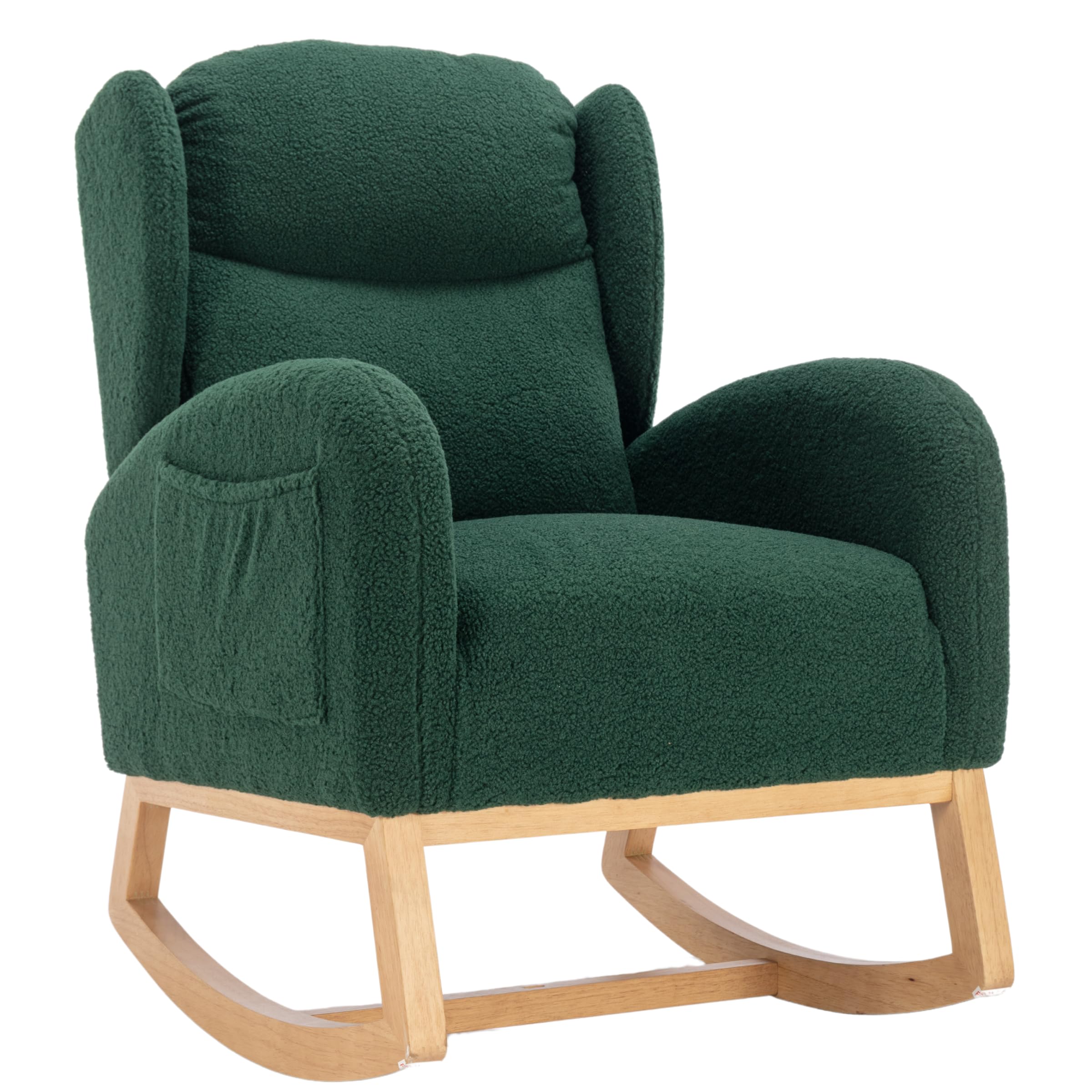 Rocking Glider Chair, Wing Back Nursery Glider Rocker Chair, Upholstered Rocker Chair with Side Pocket, Wood Legs Rocker Armchair for Living Room (Teddy Fabric in Green)
