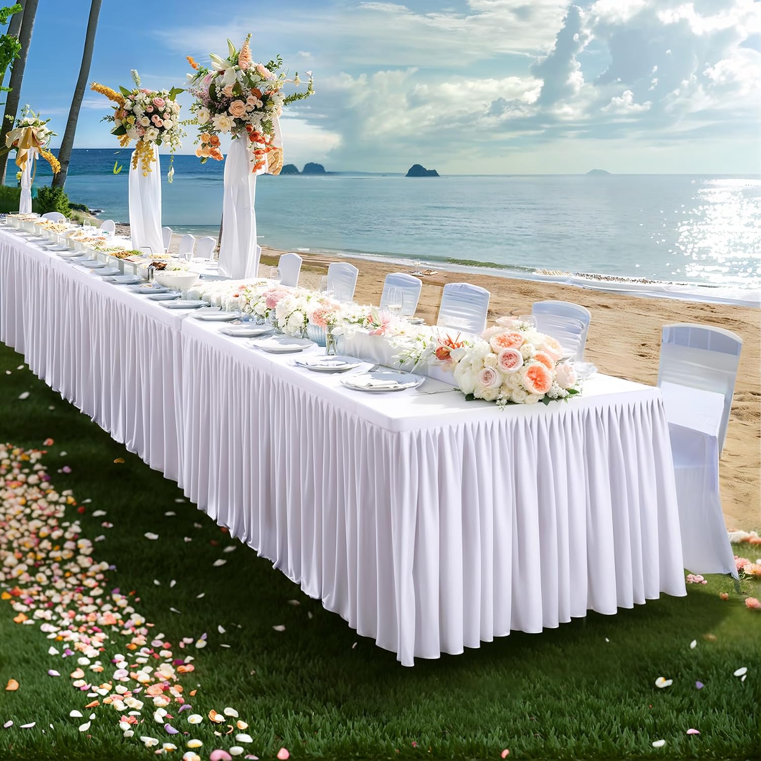 White Table Cloths for 6 foot Rectangle Tables Fitted Open Back Stretch White Ruffle Tablecloth for Craft Show Birthday Party Wedding Spandex Trade Show Desk Table Cover for Banquet Events Decorations