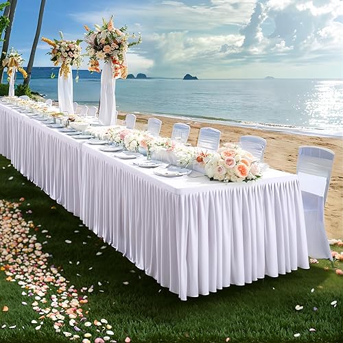 Miniatura 3 de Suppromo Mantel blanco de 6 pies con falda de mesa para mesas rectangulares, mantel elástico de 3 caras con volantes blancos para fiesta de