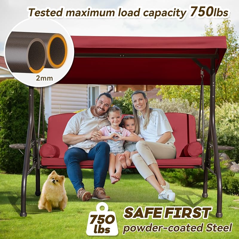 Yalissey 3 in 1 Outdoor Porch Swing with Adjustable Canopy, 3 Seat Outdoor Swing for Adults, Patio Swing Chair with Thickened Cushions,Pillows & Cup Holders for Backyard, Porch, Garden (Wine Red) image 5