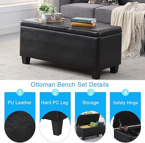 Miniatura 5 de Juego de otomana de almacenamiento y 2 reposapiés, banco tapizado capitoné de 38 pulgadas con asiento, taburetes otomanos rectangulares, parte