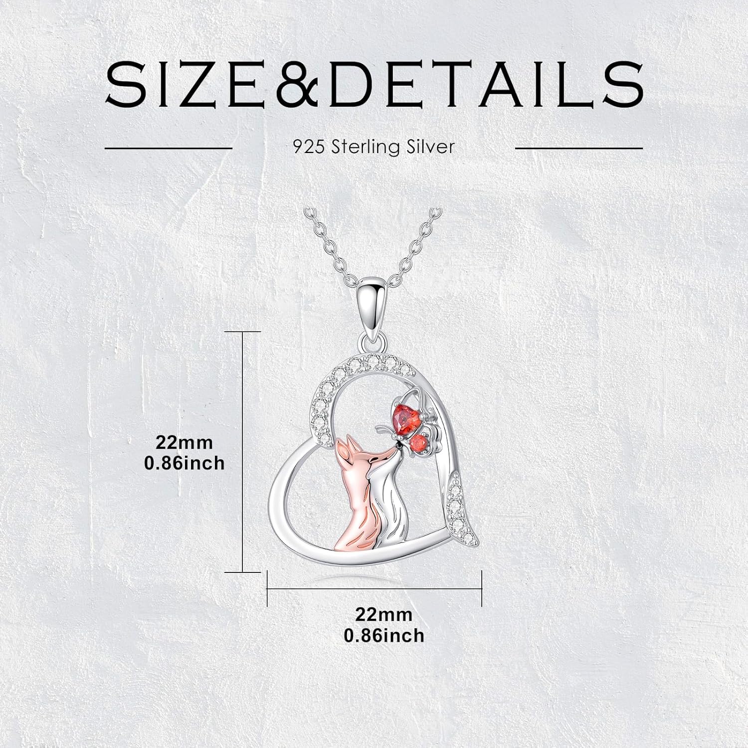 Natural Garnet Rose Gold Fox Butterfly Heart Shape Necklace for Women 925 Sterling Silver Rose Gold Plated Genuine Garnet Jewelry Gifts for Her - Image 6