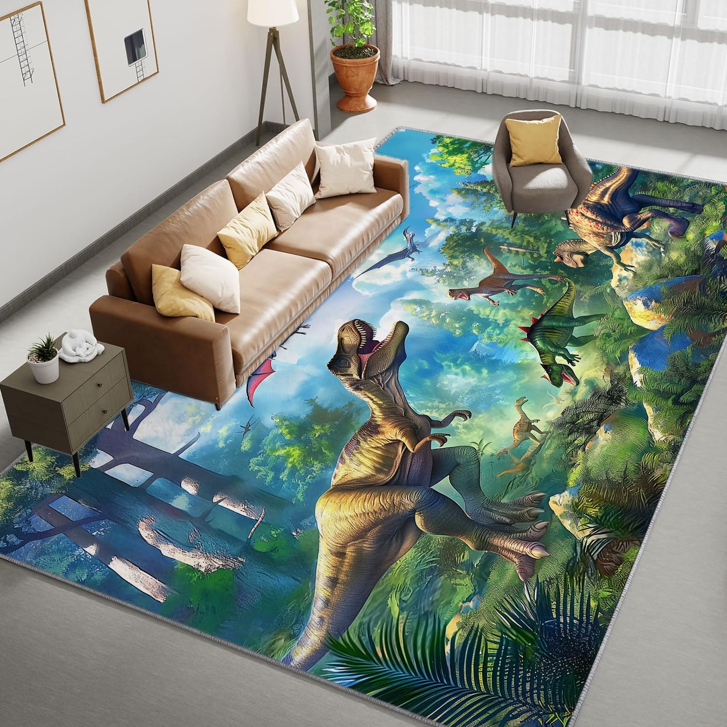 Grüner Dinosaurier Wald Teppich 80x150 cm für Wohnzimmer & Schlafzimmer, Waschbar in Waschmaschine, Weicher Kurzflor Teppich für Kinderzimmer