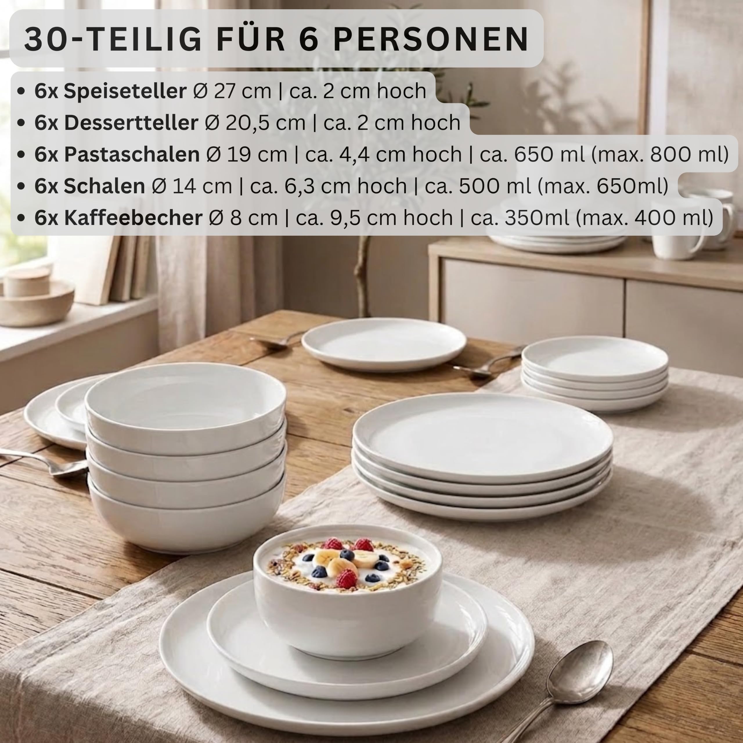 SÄNGER | Kombiservice Marlo Weiß, 30-teiliges Geschirrset für 6 Personen mit Speise-, Dessertteller, Schalen, Müslischalen und Kaffeebechern aus Porzellan, moderne Form |PREMIUM COLLECTION