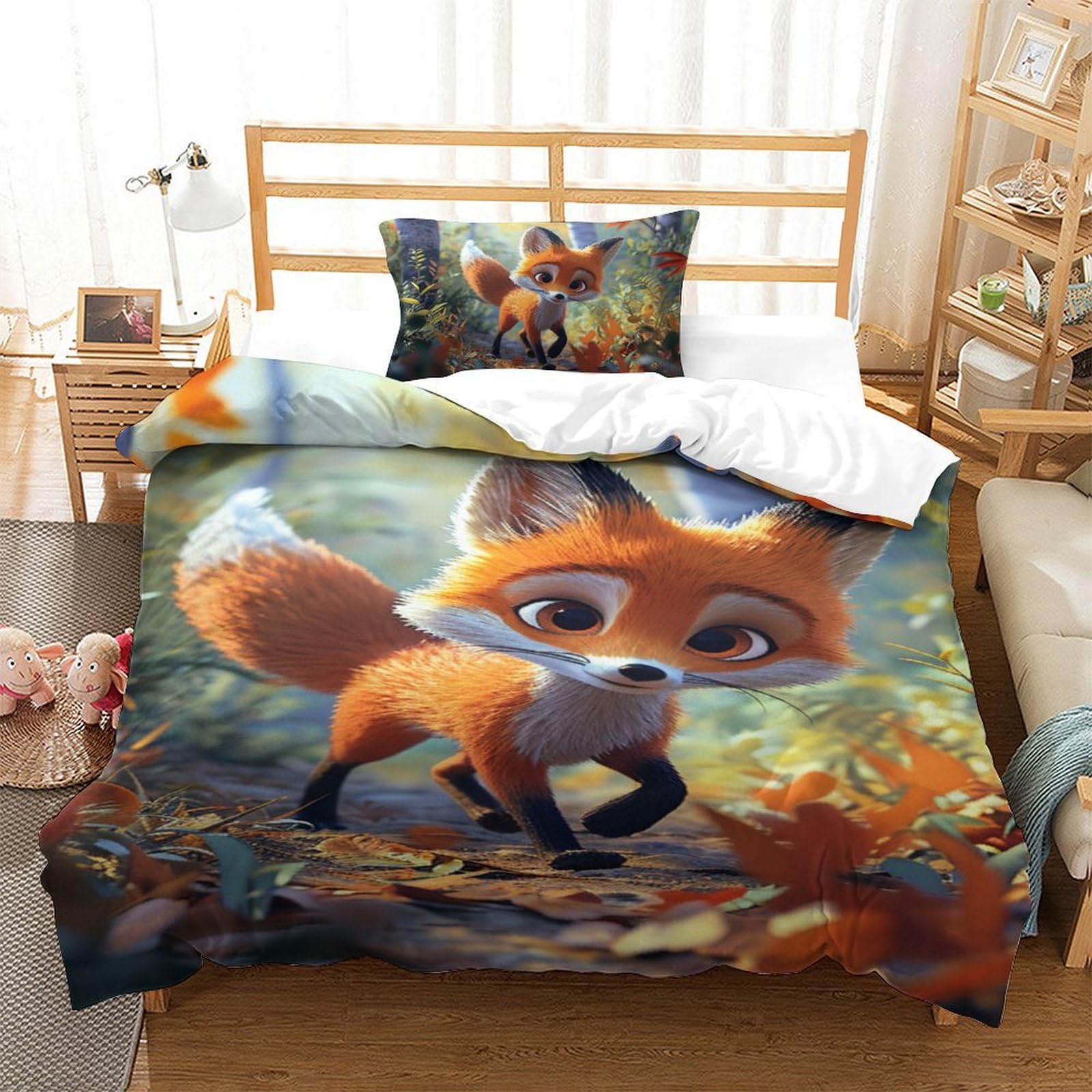 Parure de lit renard 3D en microfibre avec housse de couette 135x200 cm et taies