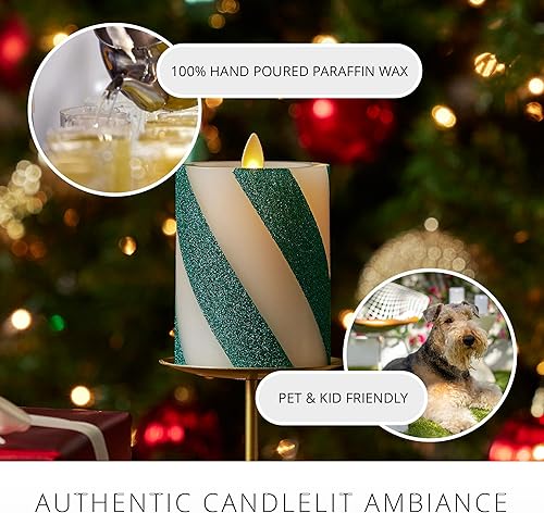 Miniatura 5 de Luminara Vela LED de llama móvil sin llama de bastón de caramelo (4.5 pulgadas), cera real con franja ancha verde de purpurina, sin perfume,