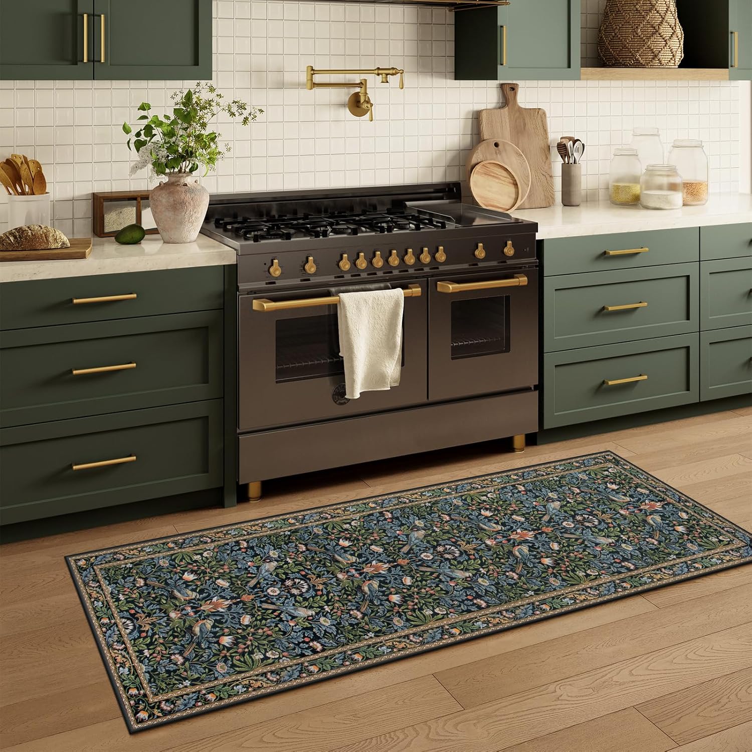 Beeiva Bird Floral Hallway Runner 2x6 Non Slip Washable Runner Rug Ultra Thin, Boho Stain Resistant Kitchen Rug Botanical Decor for Entryway Bedroom Laundry (Dark Green/Navy Blue) - Image 3