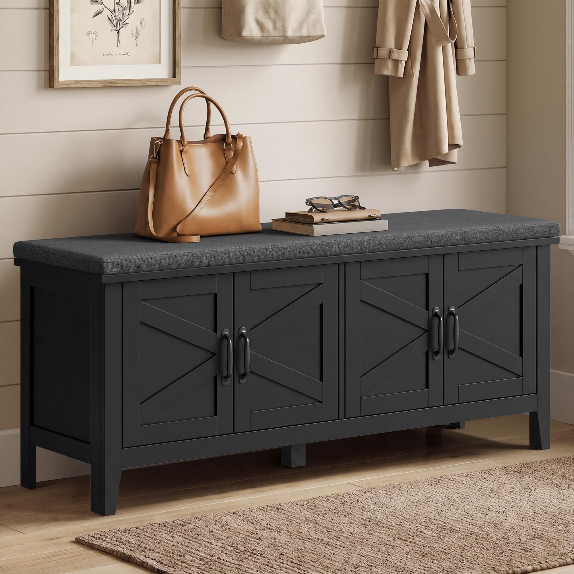 VASAGLE Shoe Bench, Farmhouse Entryway Bench with Cushion, 47.2 inches Wide