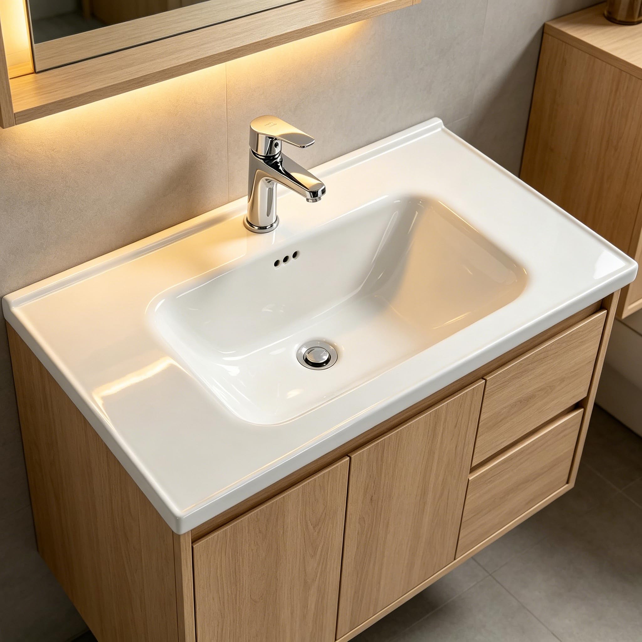 Lavabo empotrable de cerámica con orificio para grifo, 60 x 47 x 15 cm