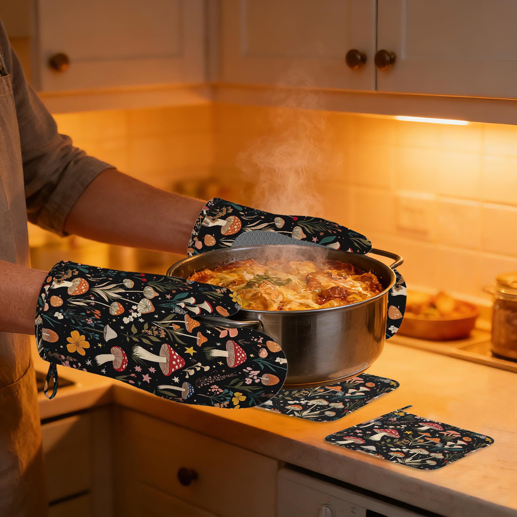 Juego de manoplas de cocina, juego de guantes de horno y soportes para ollas, de algodón grueso, resistente al calor, rústico, floral, soporte para sartén caliente, guantes de cocina extralargos para