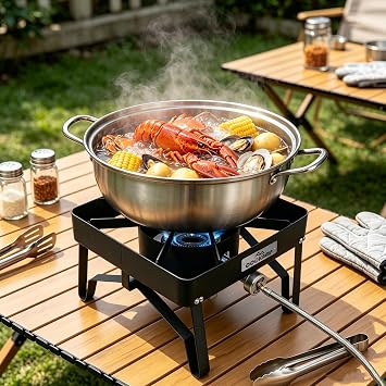 COOKAMP High Pressure Gas Cooker Outdoor Propane Burner with 0-20 PSI Adjustable Regulator and Steel Braided Hose (STEEL-SA1100)