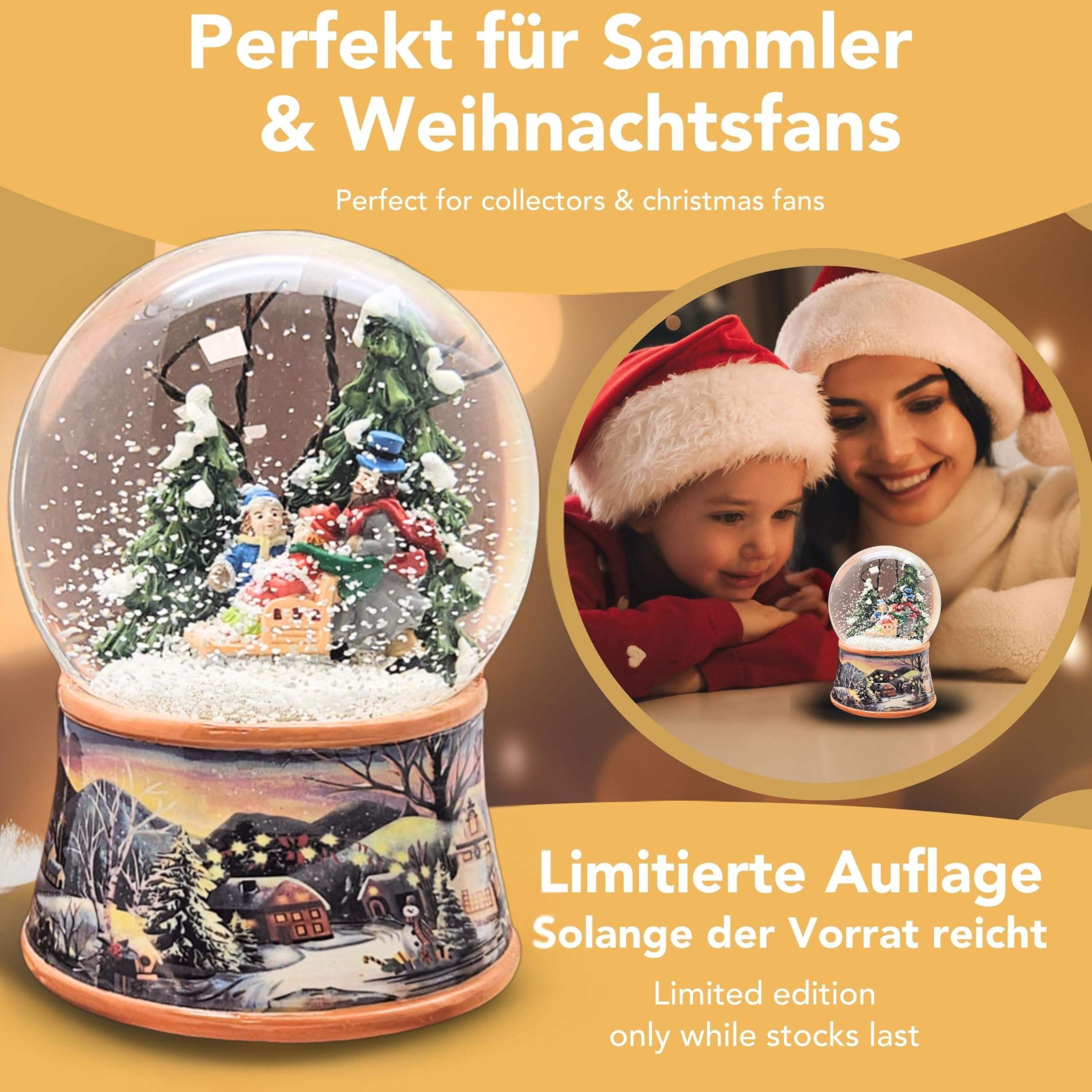 Boule à neige de Noël avec musique - Promenade d'hiver en famille et traîneau - Socle paysage d'hiver ocre - Hauteur : 14 cm - Largeur : 10 cm - Boule à secouer Noël et hiver avec boîte à musique