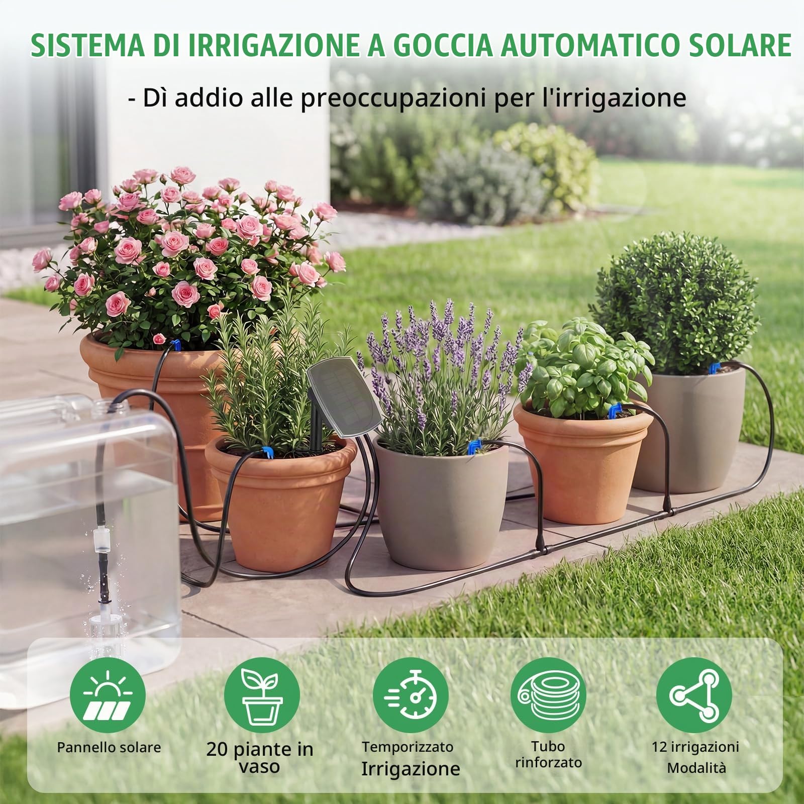 Sistema di irrigazione solare per balcone per 20 piante in vaso - 2026 Ultimo sistema di irrigazione automatica con 12 modalità timer e tubo a goccia da 20 m per giardino, balcone, serra, piante in