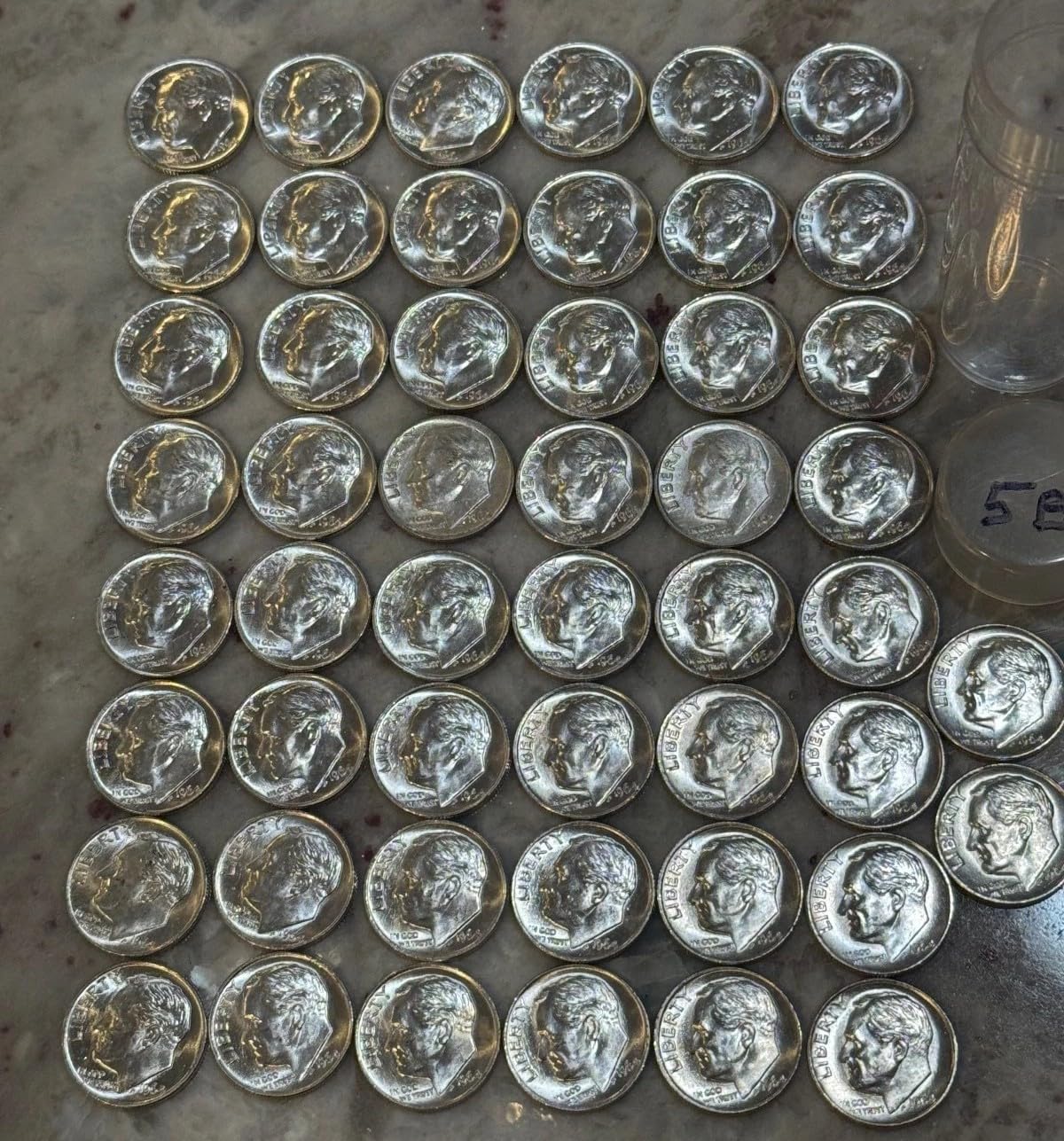 1964 Roosevelt Dimes Roll, 90% Silver, Brilliant Uncirculated, 50 Coins, Legal Tender