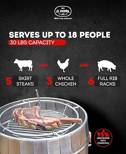Miniatura 27 de EL BARRIL - Parrilla y ahumador de 13 libras, parrilla ahumadora de carbón de acero inoxidable - Ahumadores portátiles al aire libre con accesorios