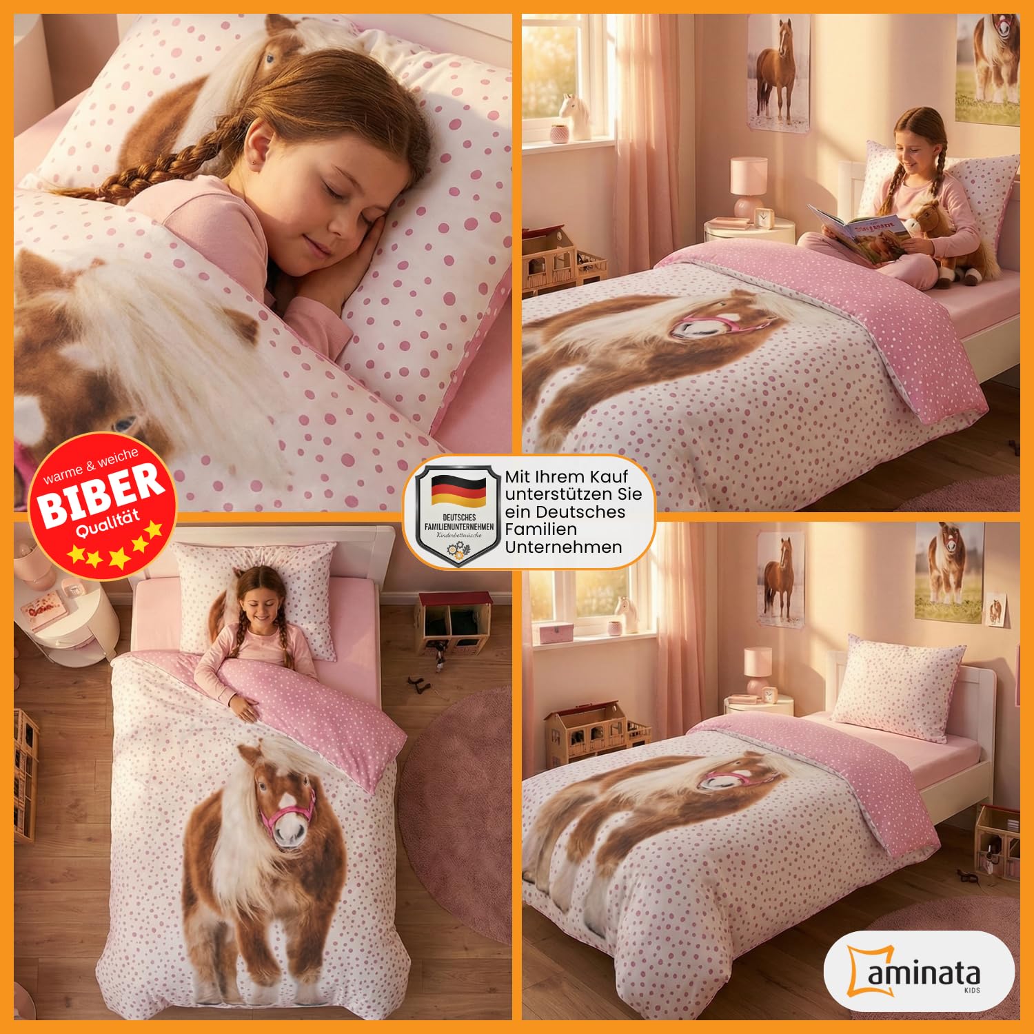 Aminata kids Bettwäsche 135x200 Mädchen Pferd Biber 100% Baumwolle Pferde-Motiv, Reißverschluss warm & kuschelig, Winter-Bettwäsche-Set - Wendebettwäsche Pony