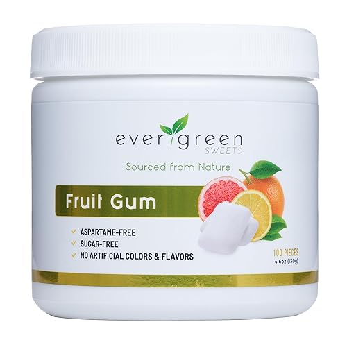 Evergreen Sweets Chicle  Tarro de 100 piezas  Chicle de fruta natural hecho con xilitol y stevia  Sin azúcar, sin aspartamo y vegano, paquete de 3