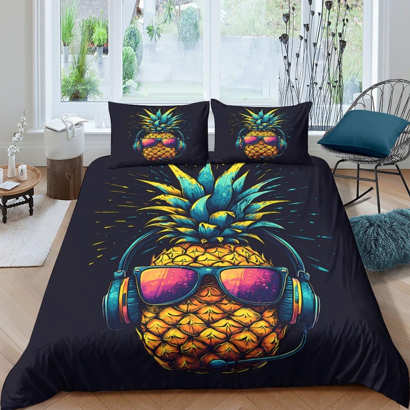 Ctjqhvkz Style-4 3D Printed Pineapple Sunglasses Fitted Sheet Microfiber Vibrant Bed Cover Music Decor For Bedroom Living Room Single（135X200cm）