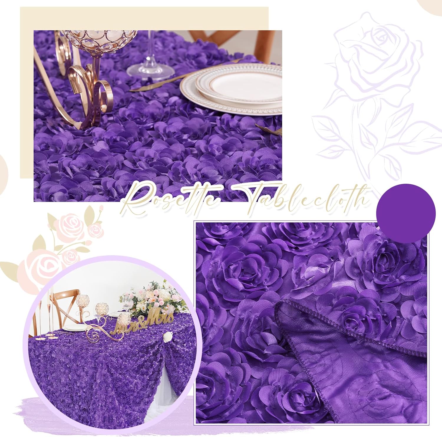 Purple Rose Tablecloth 90x132 Inches Rosette Tablecloth for Home Table Outdoor Bridal Shower Decor Graduation Party Decoration
