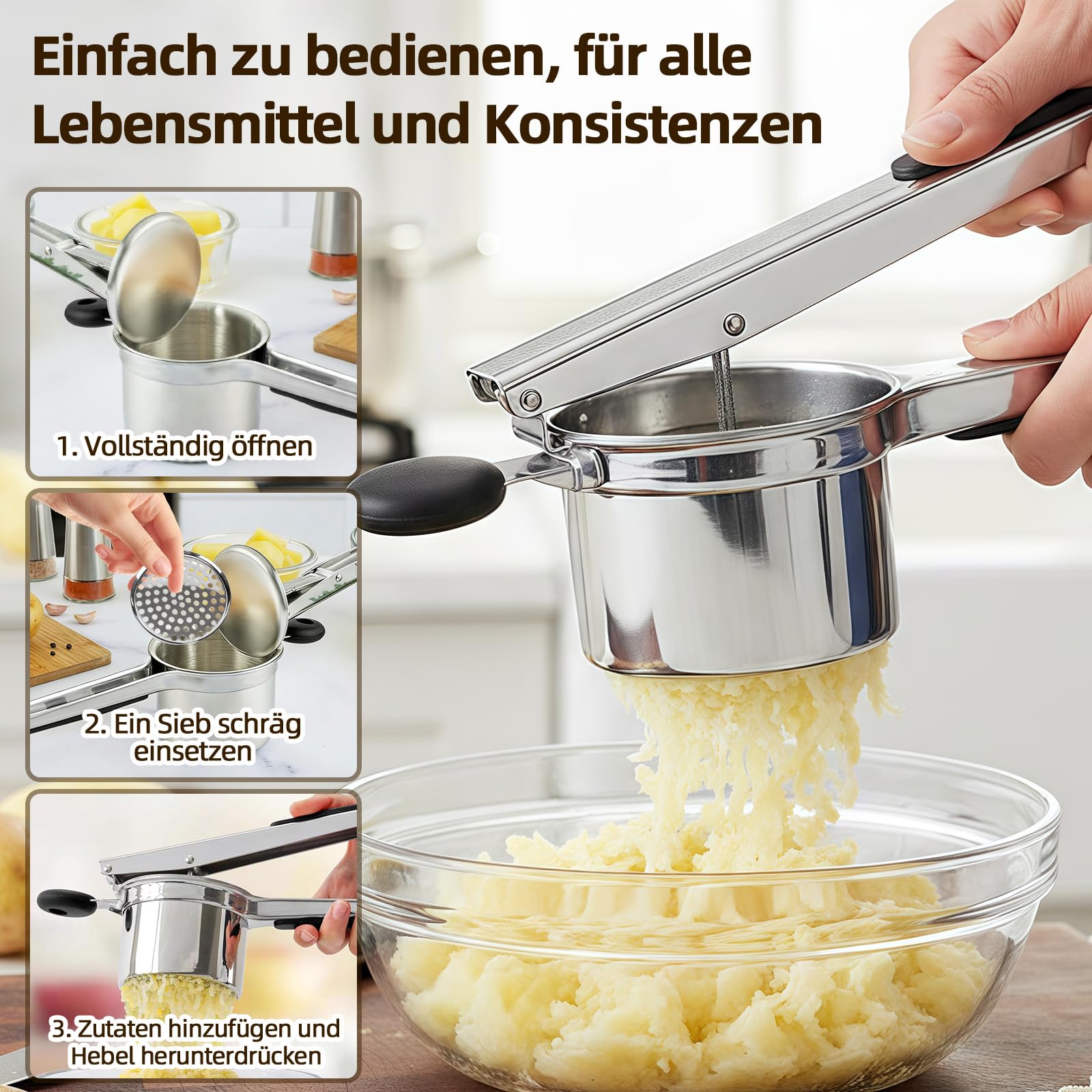 Kartoffelpresse Edelstahl, Spätzlepresse mit 4 Austauschbaren Spätzlesieb in Verschiedene Porengrößen & Silikon Griff, Potato Ricer für Kartoffelpüree, Spaghetti, Obstsäfte, Spätzle, Spülmaschinenfest