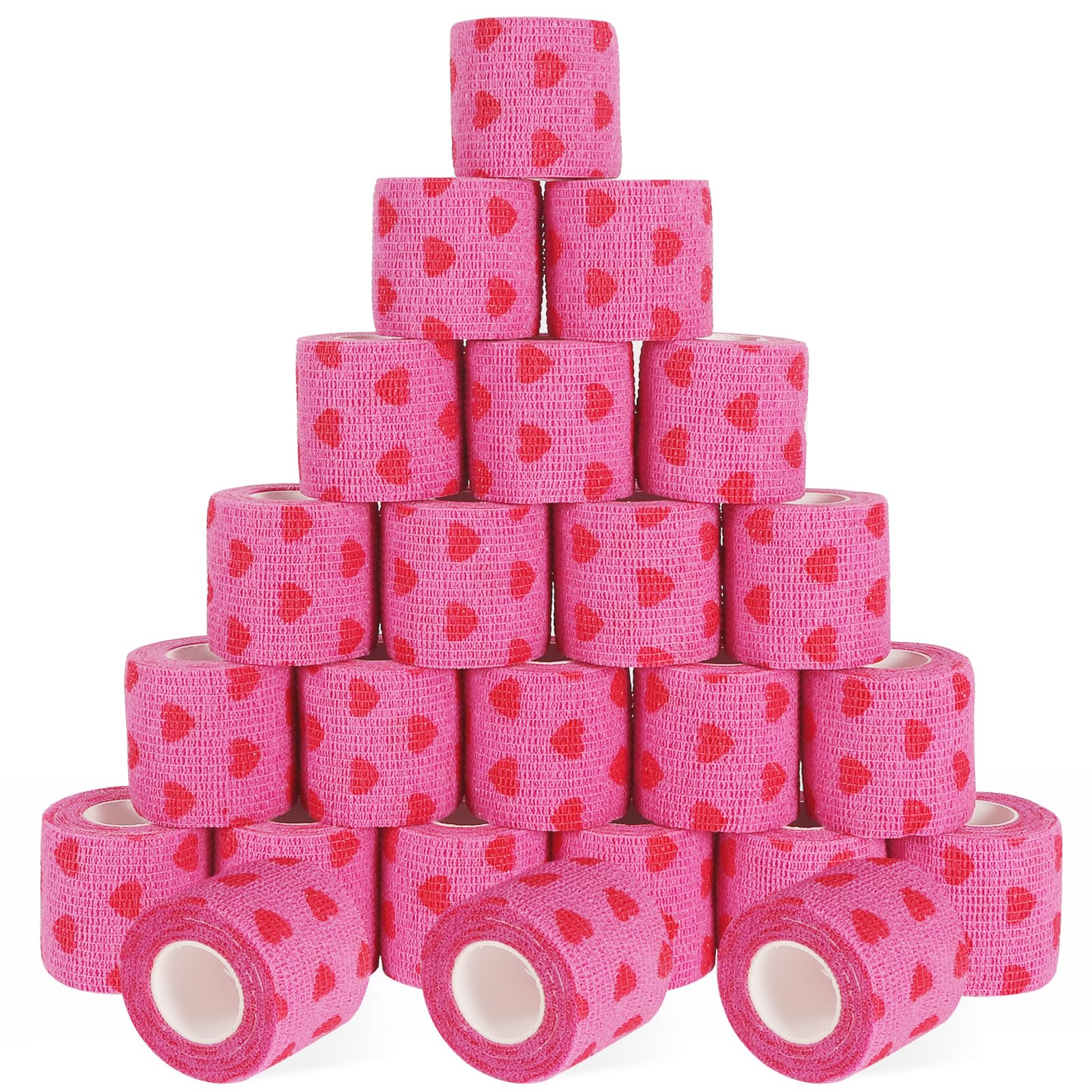 24 Pack Self Adhesive Bandage Wrap, 2” x 5 Yards Cohesive Medical Tape Elastic Grip Tape Black Sports Tape Athletic for Ankle, Wrist Sprains, Pet First Aid (Pink Heart, 2 Inch)
