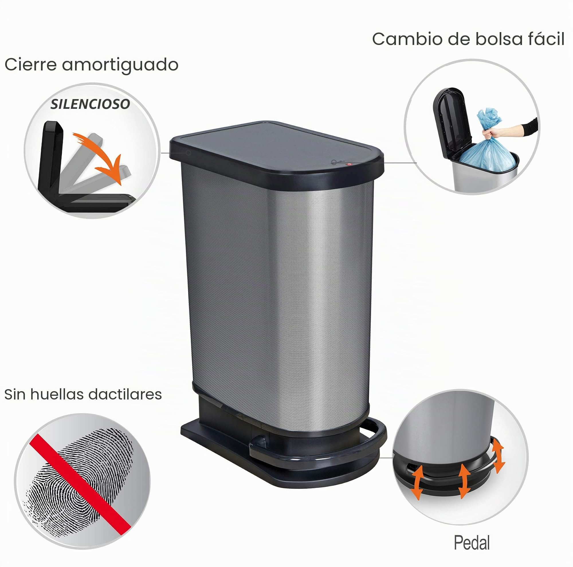 Rotho Paso Cubo de Basura con Pedal y Tapa, Gris (Carbono), 50 l (44.0 x 29.0 x 67.0 cm) | Rotho - Cubo de basura con tapa, para cocina, grande, con pedal, 50 L, plástico PP, metal carbono metálico