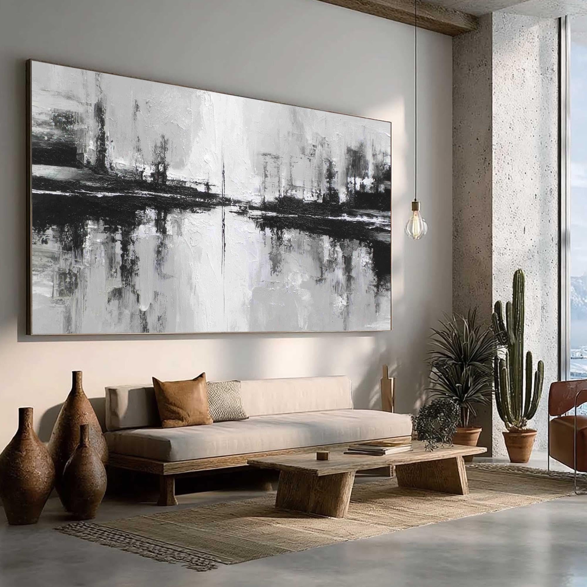 UUDEZO Czarno-białe obrazy na płótnie ze strukturą, abstrakcyjne obrazy olejne jako dekoracja ścienna (55 x 110 cm)
