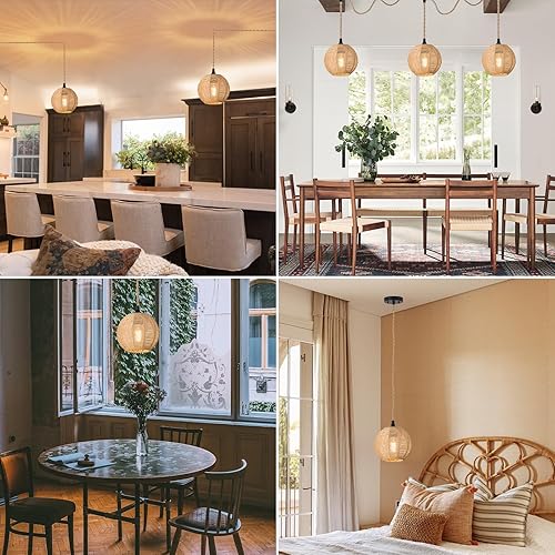 Miniatura 6 de Lámpara colgante enchufable de 15 pies con cable, interruptor regulable, lámpara colgante de ratán con enchufe de mimbre tejido a mano, lámpara de