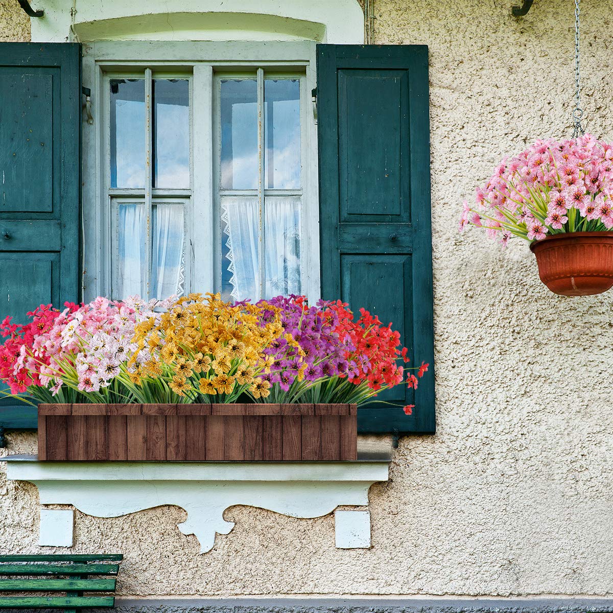 16 fiori artificiali per esterni, resistenti ai raggi UV, non sbiadiscono, in finta plastica, per decorare il giardino, la veranda, le finestre (rosa