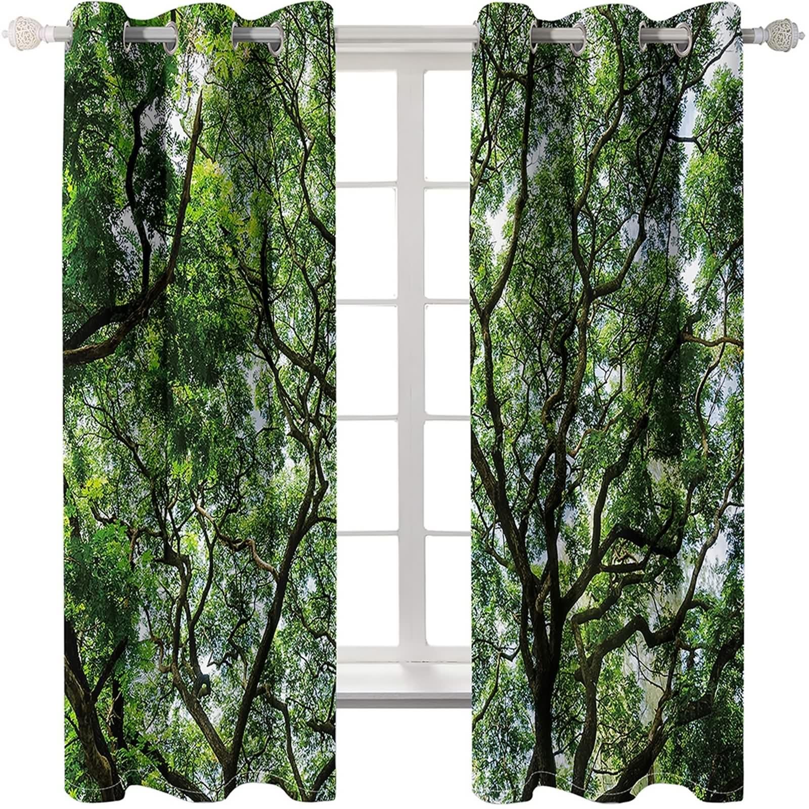 Rideau Cuisine Fenetre, Rideau Vert Anniversaire Polyester Paysages D'Arbres 107L x 160H CM Lot de 2