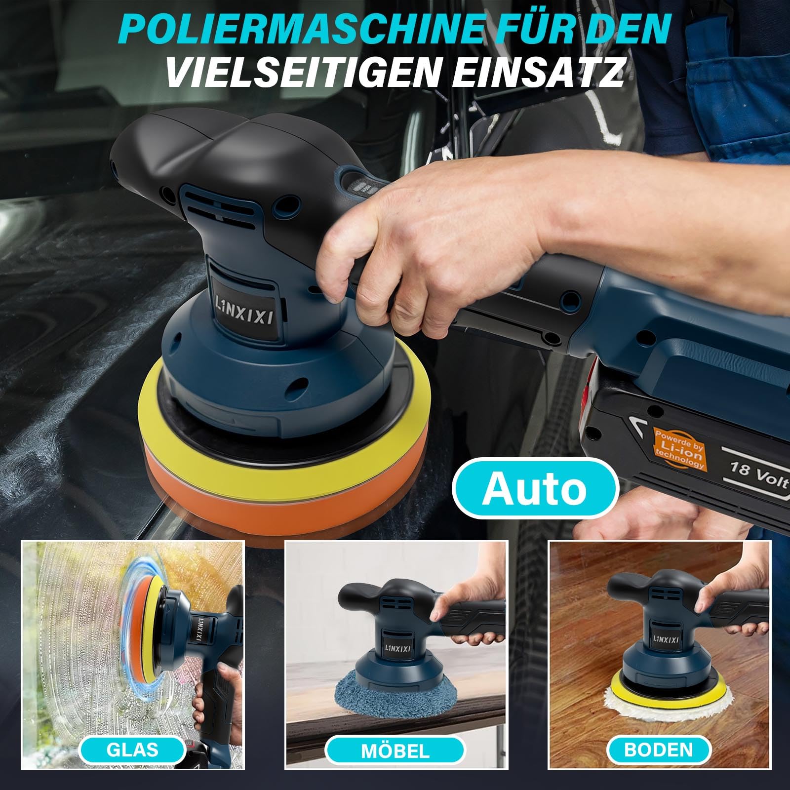 Akku Poliermaschine für Bosch Professional 18V, 6 Zoll Autopolierer, 3 Geschwindigkeiten bis 7000 U/min, Leicht & Kabellos, 21-teiliges Polierset für Polieren, Wachsen & Autoaufbereitung (Ohne Akku)