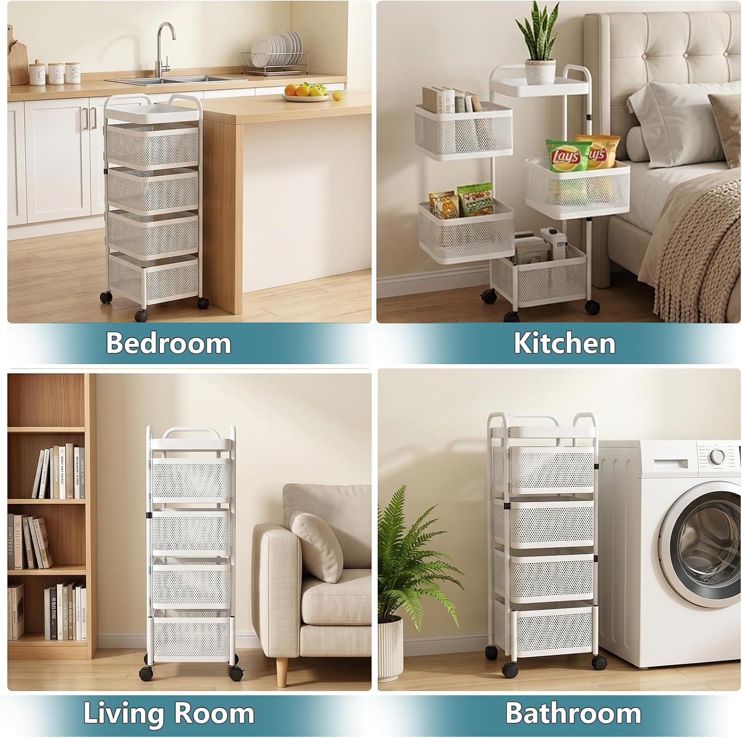 Rotating Kitchen Storage Rack, 4 Tier Rolling Cart with Fruit and Vegetable Basket, White Storage Organization Dolly Cart with Wheels for Bathroom, Kitchen and Bedroom