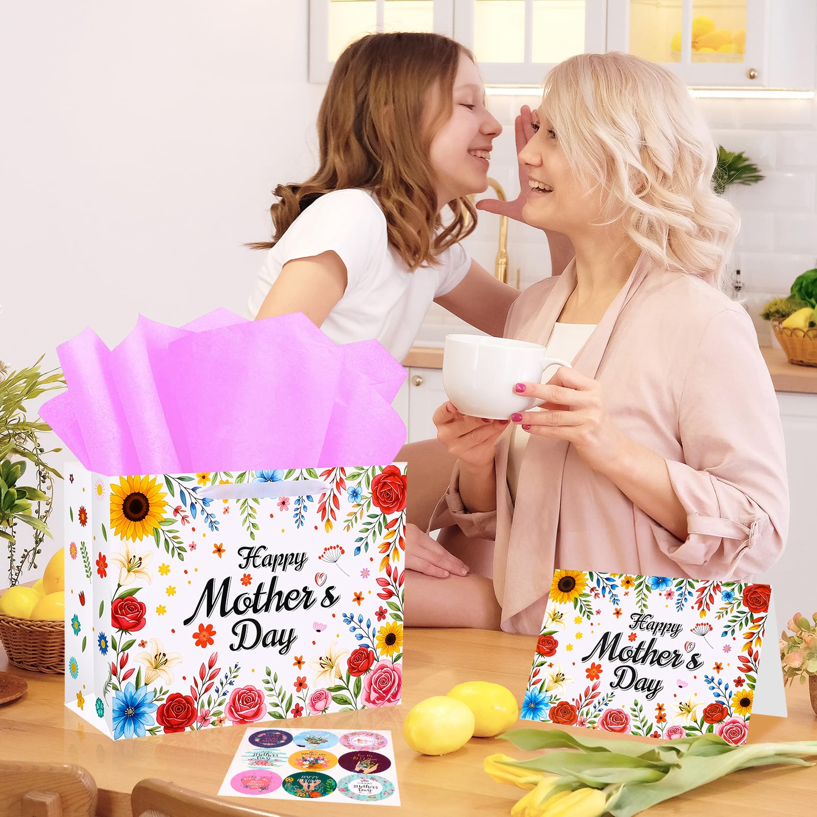 Konsait Happy Mothers Day Gift Bags Set with Tissue Paper, Greeting Card, Envelope & Stickers, Large Favor Bags for Mom Birthday & Gift Wrapping Supplies