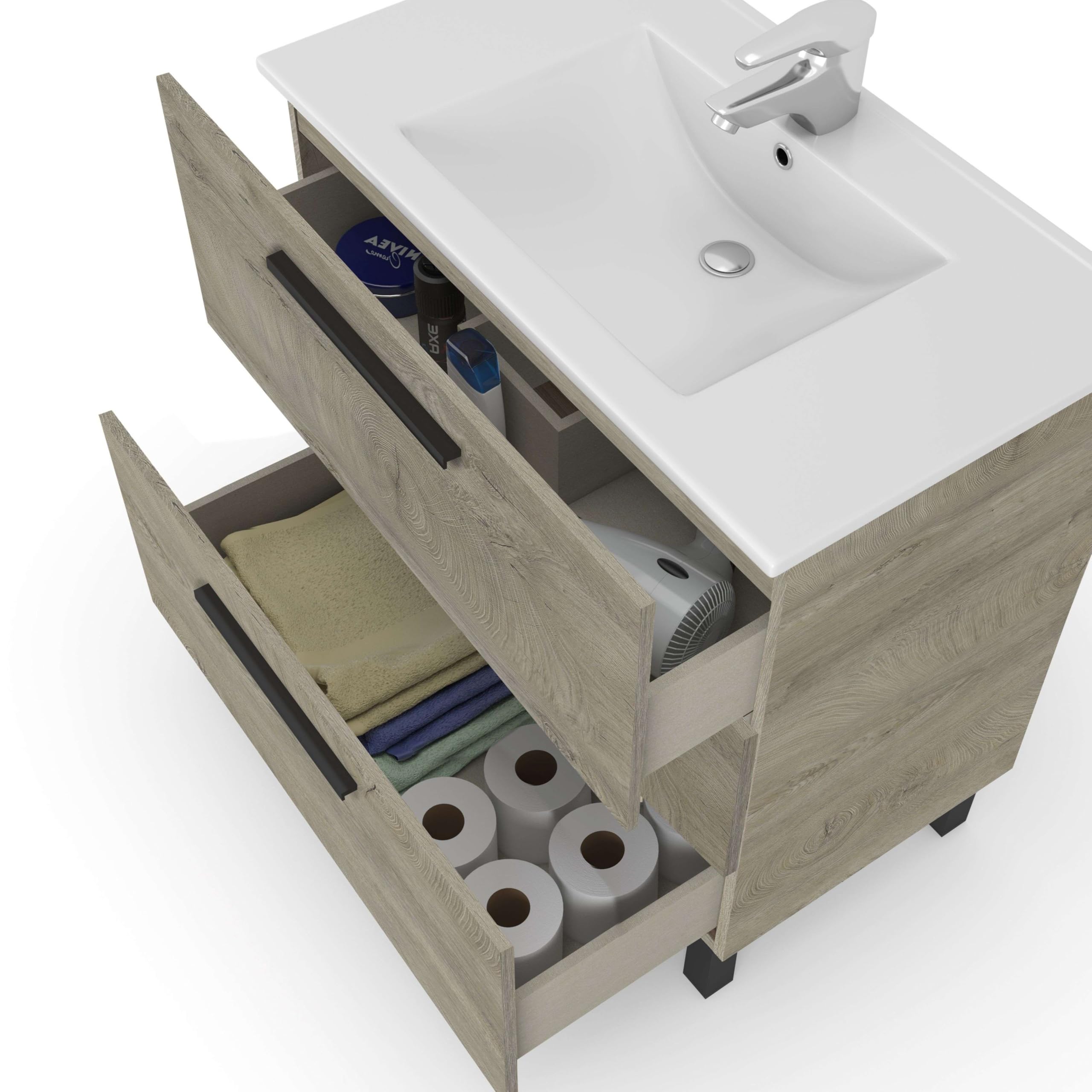 Miroytengo Pack Baño Completo Roble Alaska Mueble Baño, Columna de baño, Espejo y Lavabo Cerámico Incluido