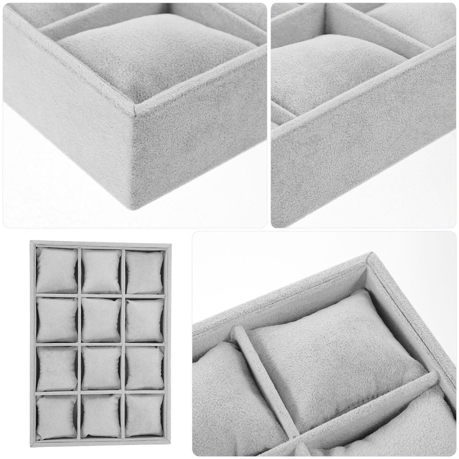 SOLUSTRE Vassoio Porta Braccialetti e Orologi 12 Scomparti, Organizer per Gioielli Grigio Morbido, Supporto Espositivo Compatto per Bracciali e Custodia da Scrivania