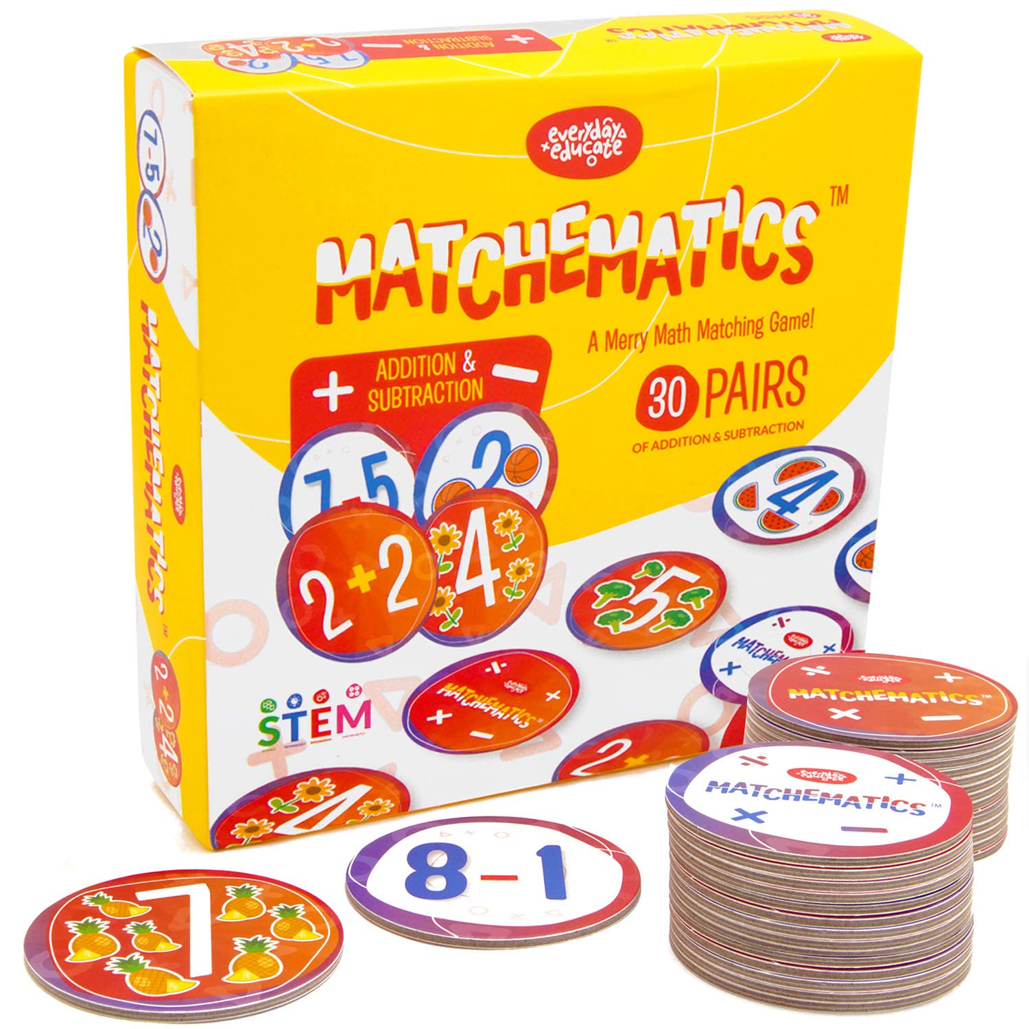 Everyday Educate Matchematics - STEM Mathematics Addition and Subtraction Game - Helps to Teach Early Math Facts with 30 Matching Pairs Preschool Games & Gifts for Boys & Girls Ages 3 and Up, Multi