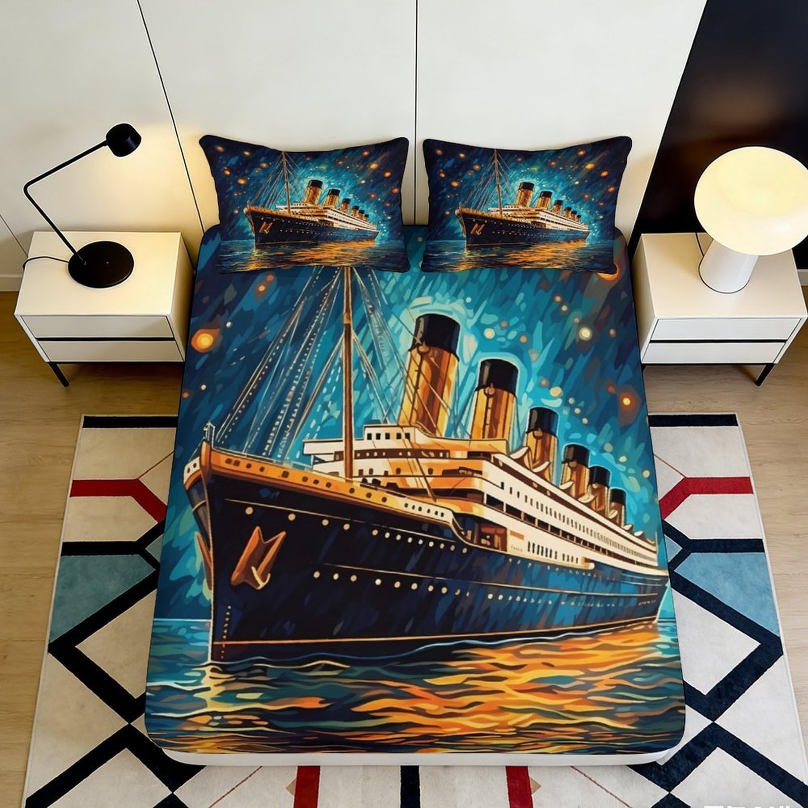 Pnayamiorkfel Style-6 3D Printed Titanic Night Ocean Fitted Sheet Microfiber Artistic Ship Bed Cover For Bedroom Guest Room Decor 90X200x25cm