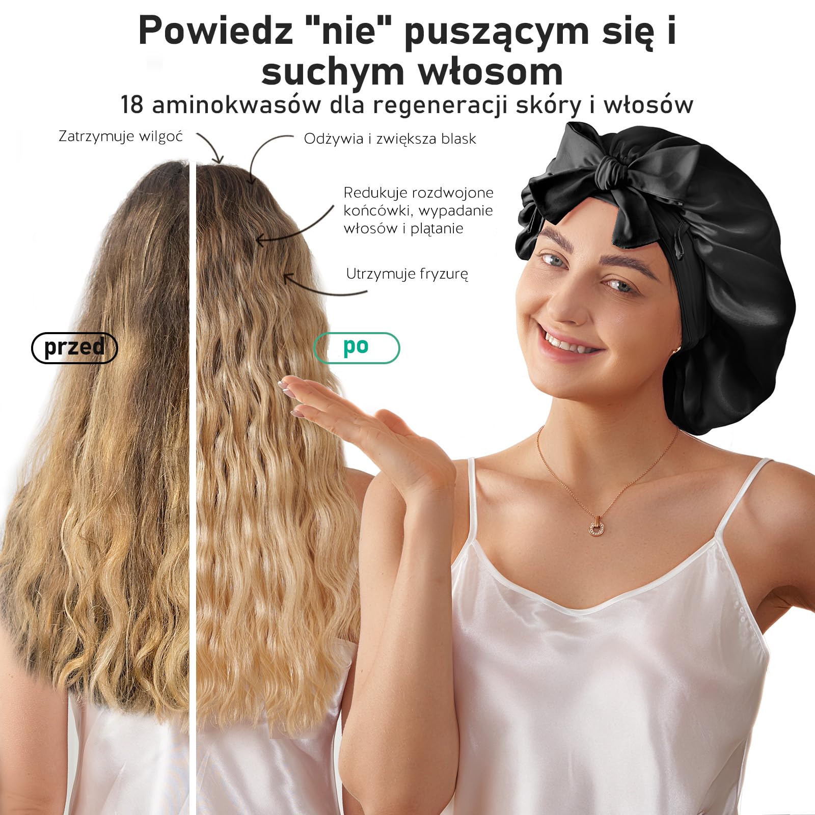 LitBear Śpiwór do spania ze 100% jedwabiu morwowego dla kobiet, 6A, 22 momme, duży, dwuwarstwowy czepek z prawdziwego jedwabiu z tasiemką do wiązania, antypoślizgowy jedwabny turban z jedwabną gumką