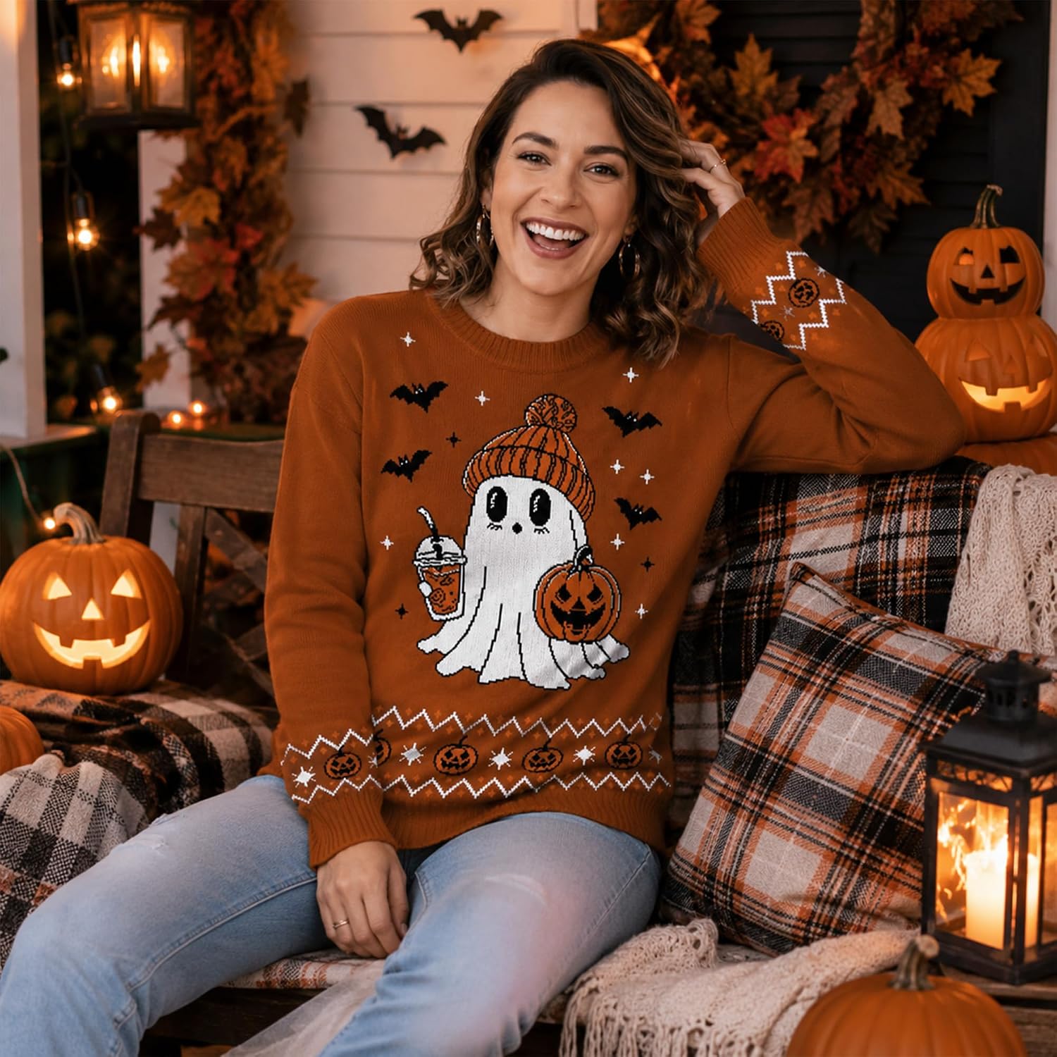 Halloween Sweaters for Women: Ghost Pumpkin Costume Knit Pullover