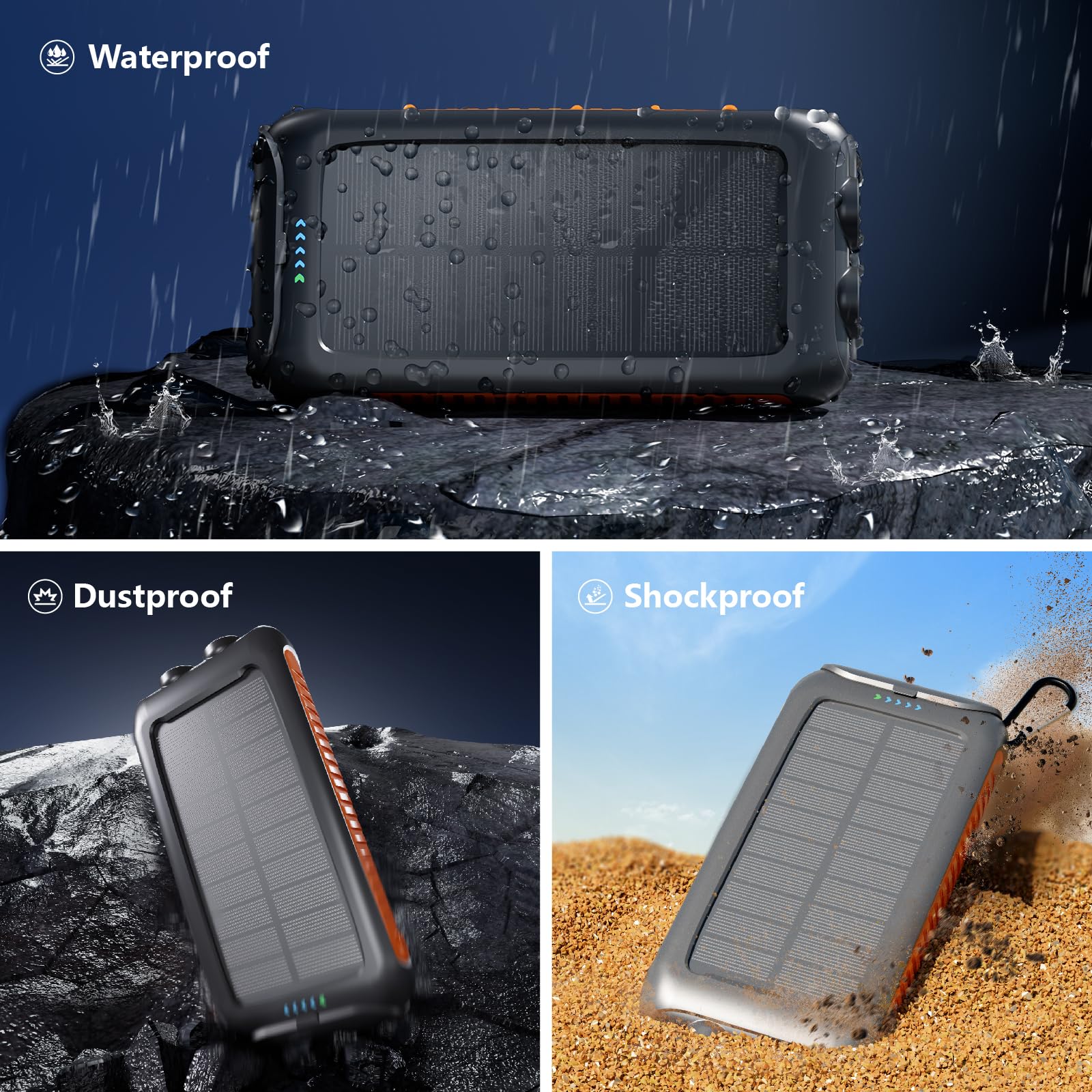 Caricatore solare Power Bank 49800 mAh, caricabatterie solare portatile con 2 porte USB-A e USB-C, ricarica rapida da 15 W per iPhone, Samsung e altri, doppia torcia elettrica per campeggio, viaggi e