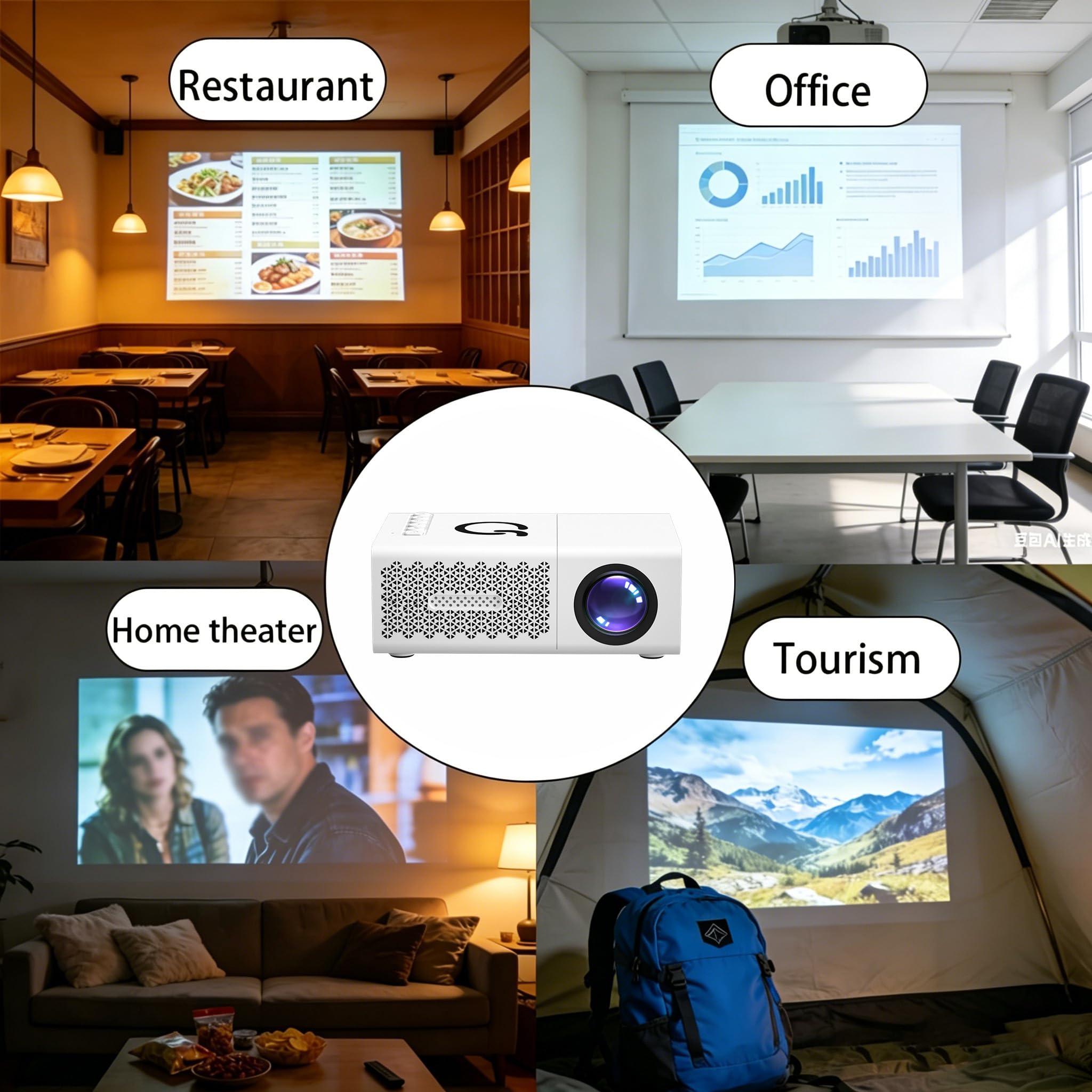 Mini proiettore, videoproiettore portatile, risoluzione locale di 720p, supporta 1080p, adatto per l'uso con smartphone, tablet e USB, offre effetti visivi 3D realistici
