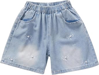 Girls Ripped Jean Shorts Elastic Waist Cut Off Denim Shorty Shorts
