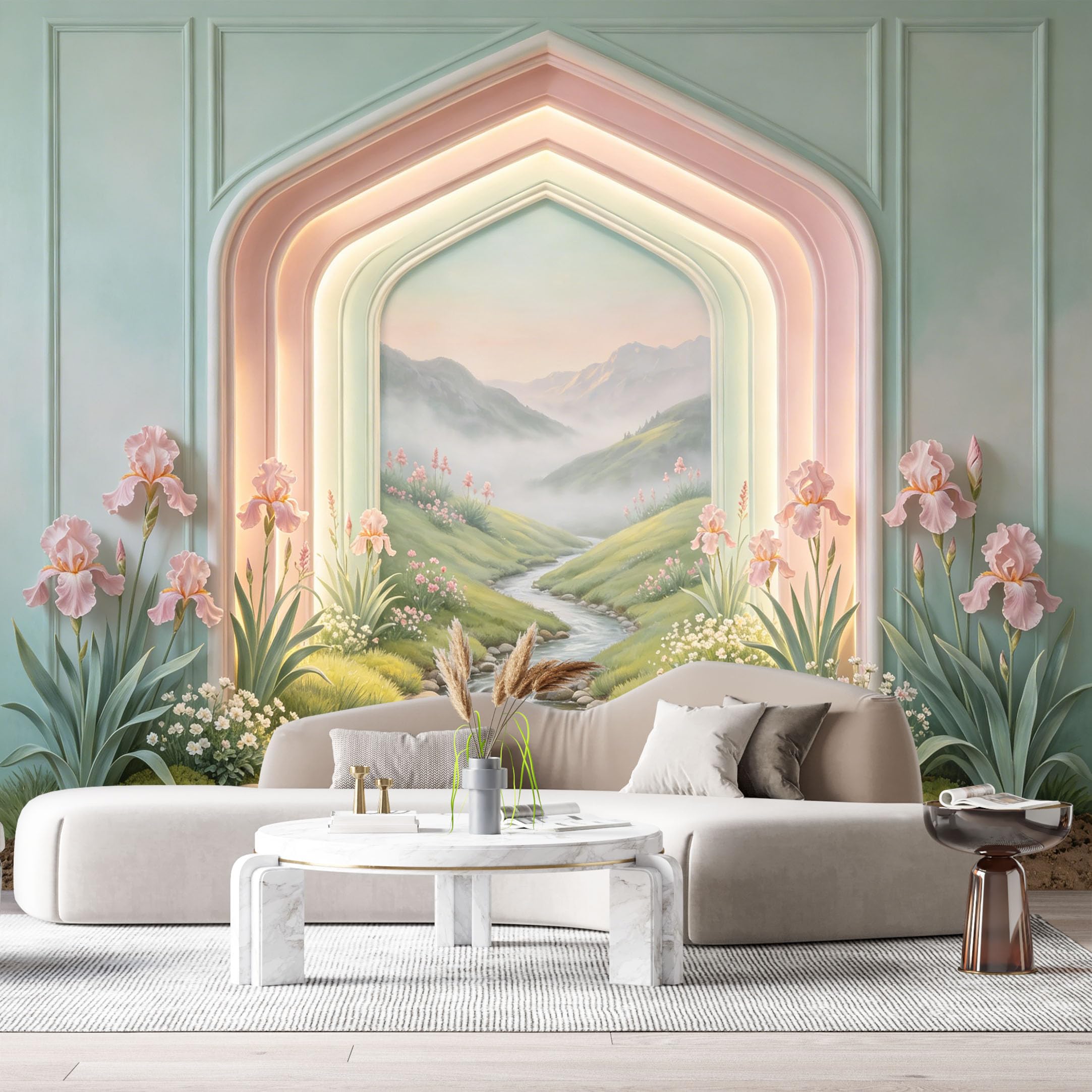 Custom Size Wall Murals Mountain Lake River Pink Flowers Botanical 3D Trompe L'Oeil SelfAdhesiveWall Fabric Removable Wallpaper Wall Decor for Living Room Bedroom Bathroom
