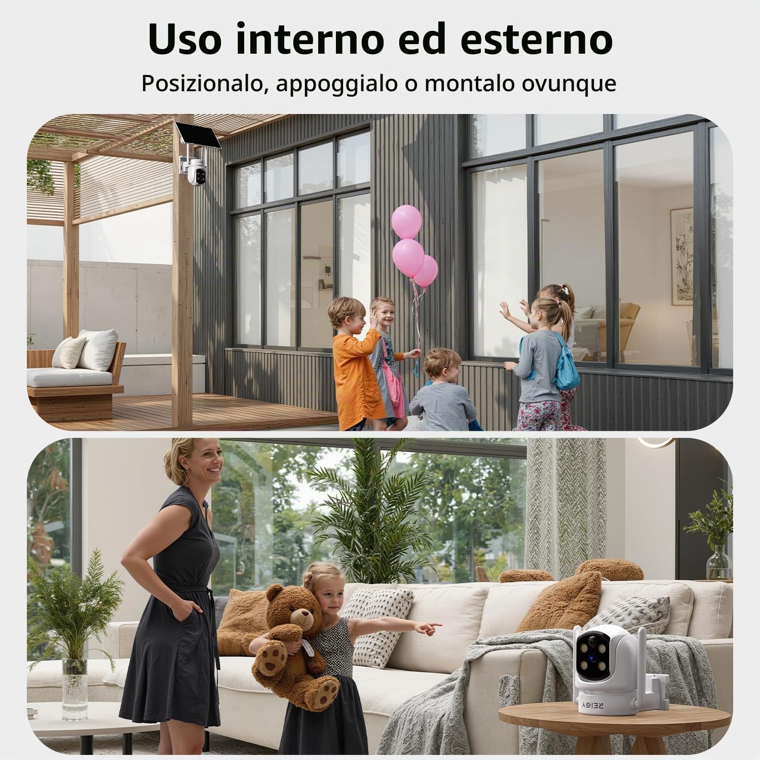 REIGY 4MP Telecamera WIFI Esterno Batteria Senza FIli, 360° Videocamera Sorveglianza con Pannello Solare, Rilevazione di Movimento PIR, Audio a 2 Vie, IP65, Supporto 2,4GHz/5GHz